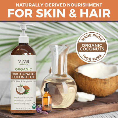 Organic Fractionated Coconut Oil - Skin & Hair Moisturizer, Relaxing Massage and Body Oil, Carrier Oil for Essential Oils Mixing, Pure Non-Greasy Coconut Oil for Skin and Hair, 16 Fl Oz