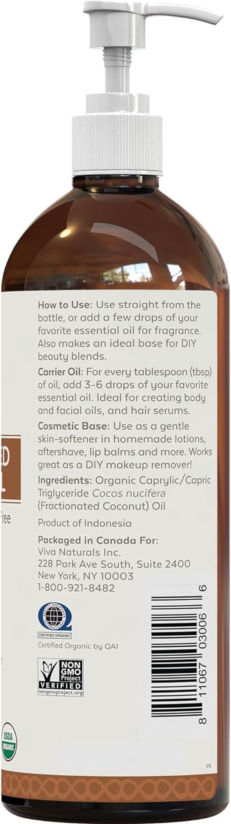 Organic Fractionated Coconut Oil - Skin & Hair Moisturizer, Relaxing Massage and Body Oil, Carrier Oil for Essential Oils Mixing, Pure Non-Greasy Coconut Oil for Skin and Hair, 16 Fl Oz