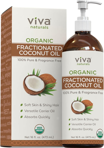 Organic Fractionated Coconut Oil - Skin & Hair Moisturizer, Relaxing Massage and Body Oil, Carrier Oil for Essential Oils Mixing, Pure Non-Greasy Coconut Oil for Skin and Hair, 16 Fl Oz